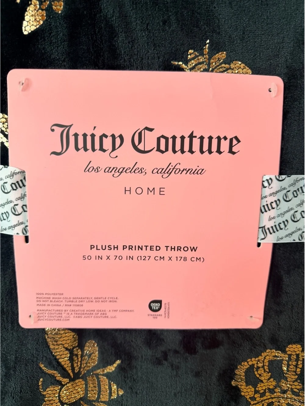 Juicy Couture Plush Printed Throw Blanket 50x70 Black Gold Bee Crown [COPY]